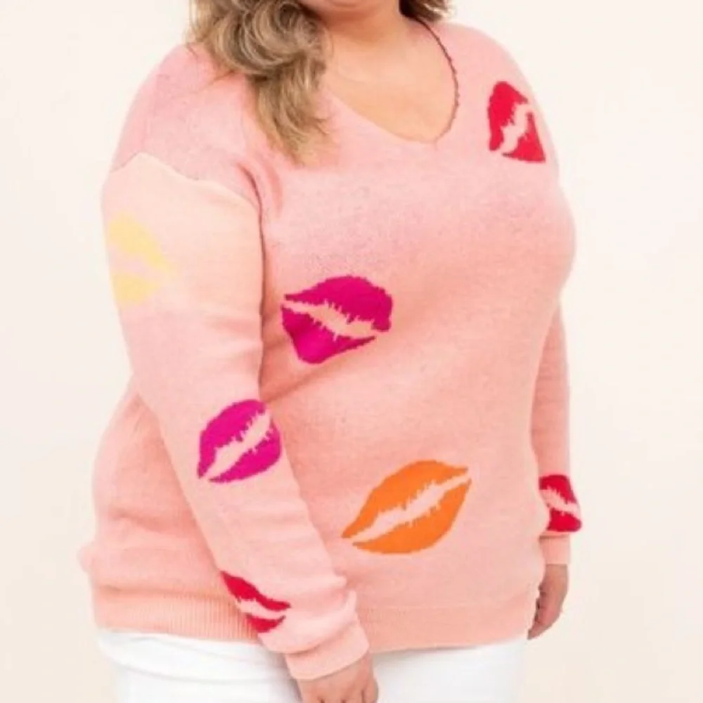 Bloomchic kiss prints v neck sweater, pink, women’s size 18-20
